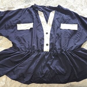 Shein Women's Plus Size Navy and White V-Neck Peplum Blouse